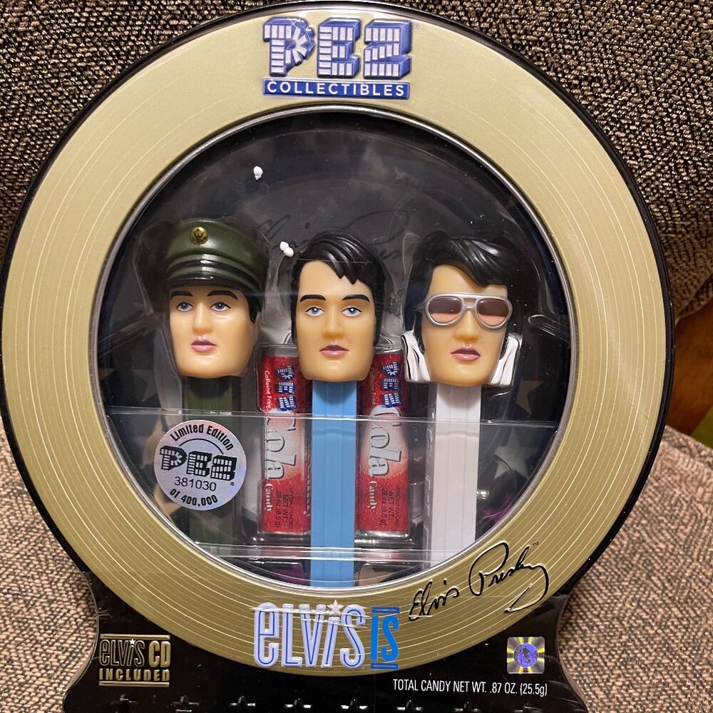 3 ELVIS PEZ DESPENCERS WITH CANDY AND CD